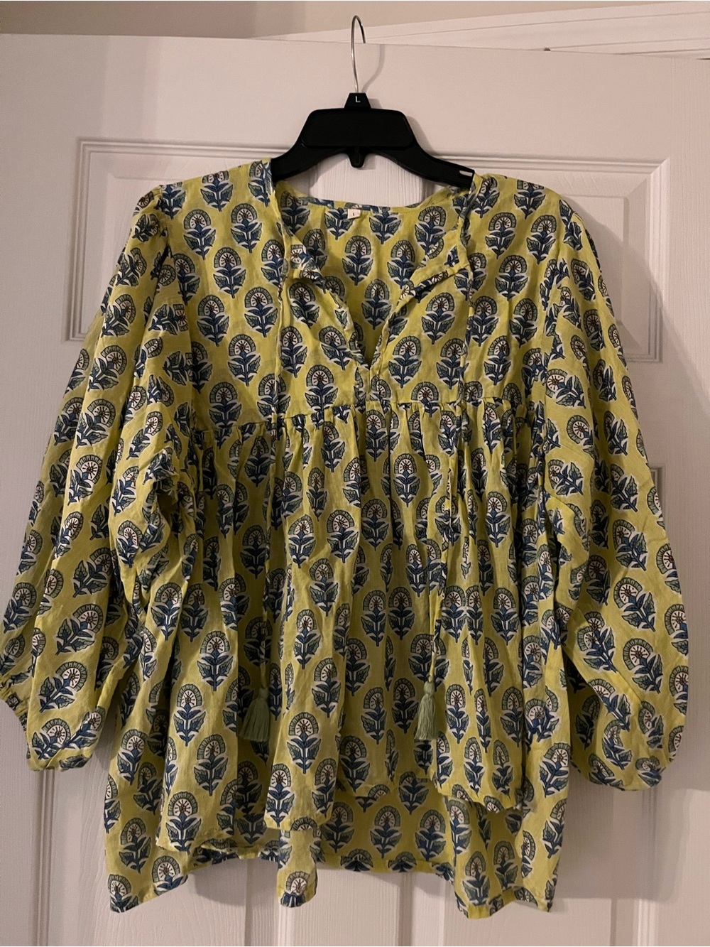 Women’s Printed Peasant Blouse in Yellow and Navy